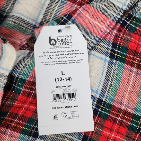 New Time & Tru Womens Large 12-14 White Red Green Plaid Button Up Flannel Shirt - Picture 11 of 11